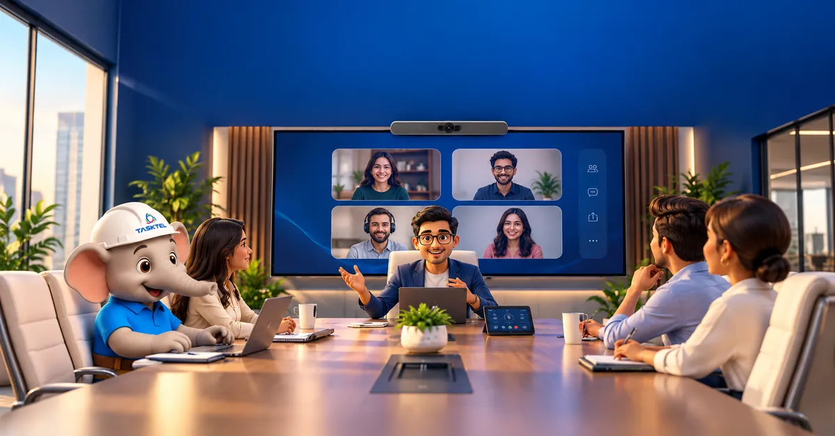 Modern boardroom setup with video bar, large display and conference table