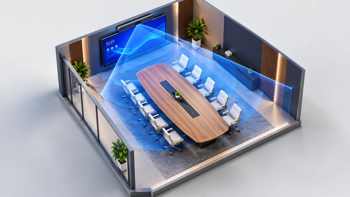 Boardroom style seating layout with camera and display positions