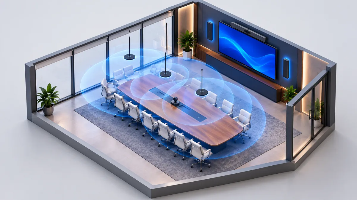 Boardroom camera and microphone placement for a 12 seat table